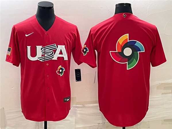 Men's USA Baseball 2023 Red World Baseball Big Logo With Patch Classic Stitched Jersey